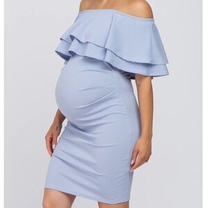 Light Blue Ruffle Off Shoulder Ruched Maternity Dress